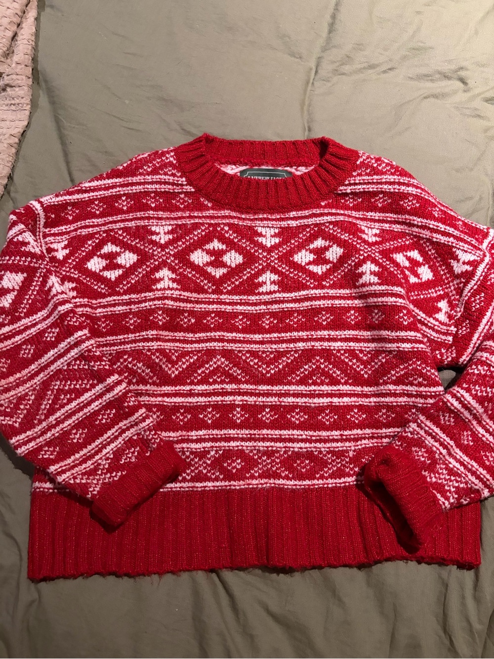 American Eagle Red Fair Isle Knit Crewneck Sweater